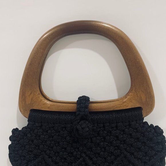 Handmade Black Macrame Faux Wooden Handle Bag New - Picture 3 of 10